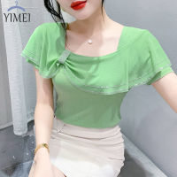 YIMEI เสื้อยืดผู้หญิงสวยๆ,เสื้อยืด2023ใหม่ฤดูร้อนเสื้อเพชรส่องประกายแขนสั้นกว่างโจวดีไซน์เสื้อยืดผ้าตาข่าย