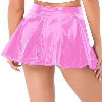 Womens A-Line Short Mini Skirts Glossy Latex Leather Flared Miniskirt With Zipper Club Bar Pole Dance Performance Costumes