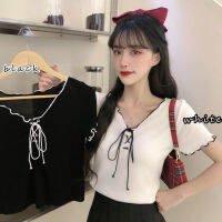 เสื้อกันหนาวแขนเสื้อสั้นหูทำจากไม้เชือกรัดเครื่องจักรหัวใจสีแดงตาข่ายสำหรับผู้หญิงเข้า-ออกได้หลายเสื้อเอวลอย Aki20ฤดูร้อน2023