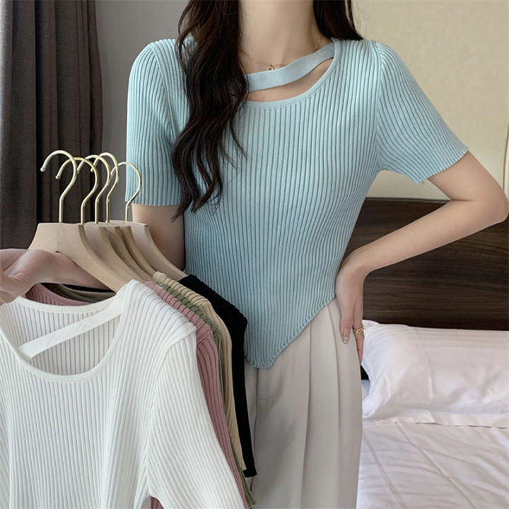 shenghao-เสื้อยืดถักแขนสั้นสำหรับผู้หญิงเสื้อยืดแฟชั่นสีทึบชิคๆสำหรับฤดูร้อน
