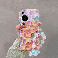 เคสโทรศัพท์ลายกลีบดอกไม้สีชมพูพร้อมสายรัดข้อมือสีรุ้งสำหรับ Huawei P60Pro Mate30 50 Pro เคสซิลิโคนแบบนิ่ม Mate40Pro P60 40E คู่30E 40 50 Pro ฝาครอบ TPU ของผู้หญิงป้องกันการตก