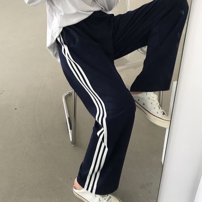 ✨CINDYCღ Ready Stock Vertical Stripe Track Trousers Womens Casual Pants Straight Vertical Student Pants Elastic High Waist Wide Leg Pants