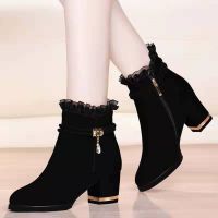 COD dsdgfhgfsdsss Plus velvet warm autumn suede short boots thick heel womens sexy lace wild side zipper nude b加绒保暖秋绒面短靴粗跟女靴性感蕾丝百搭侧拉链裸靴12.11