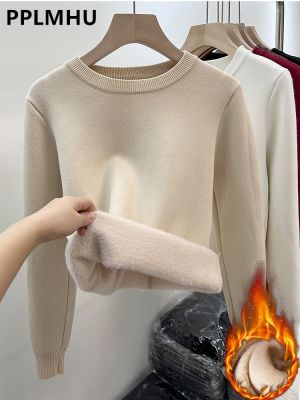 ผู้หญิง O-neck Plus Velvet Thicken Sweaters Winter Slim Warm Long Sleeve Knitted Tops Casual Plush Fleece Lined Soft Pullover╬