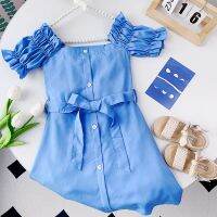 Korean New Summer Childrens Wear Girl Sweet One Shoulder Bubble Sleeve A-line Dress+Belt Casual Ruffle Solid Party Dress  by Hs2023