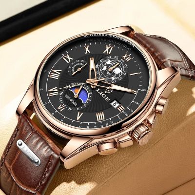 （A Decent035）LIGE Sincecasualwatch สำหรับ MenSportManWristwatch Date Chronograph Box