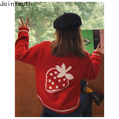 Joinyouth Korean Vintage Strawberry Red Sweater Cardigan Women Autumn Sweet Loose Knitted Tops Turn Down Collar Thick Jacket