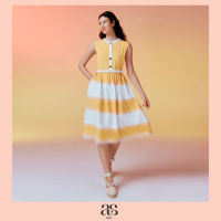 [asv pf23] Suree Honey Dress เดรสผู้หญิง ทรงเอ แขนกุด แต่งเข็มขัดยางยืดคาดเอว  แต่งตัดต่อผ้าซาติน แต่งผ้าลูกไม้ ผ้าโพลีเอสเตอร์