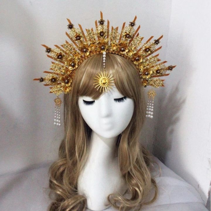 Goddess Met Gala Halo Crown Mary Headpiece Gold Sunburst Celestial Pregnancy Maternity Headpiece