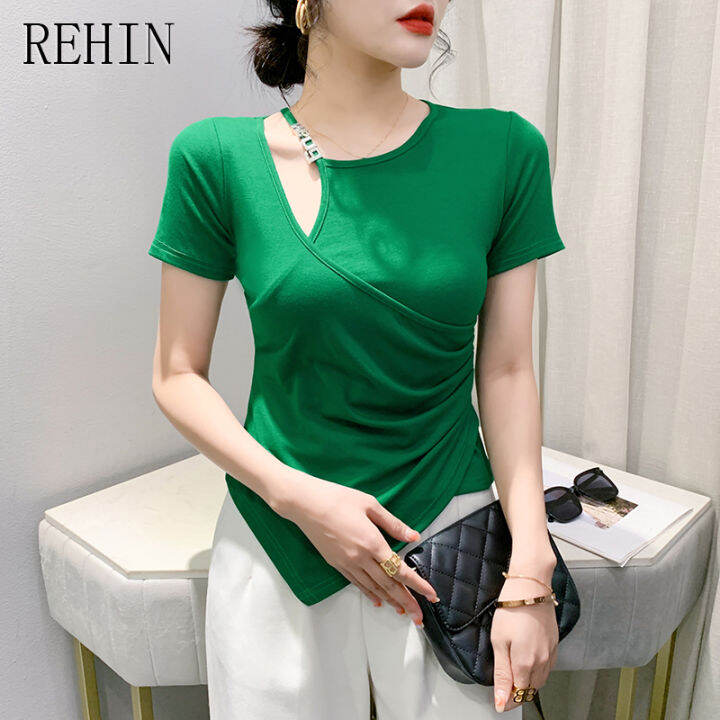 rehin-เสื้อยืดผู้หญิงแขนสั้นเสื้ออเนกประสงค์สีทึบเข้ารูป-แฟชั่นใหม่ฤดูร้อน