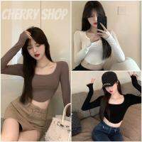 Buide 2023 New cherryshop พร้อมส่ง?เสื้อท่อนบน?เสื้อผ้าผู้หญิงเสื้อยืดสาวฮอตไม่สม่ำเสมอคอยูสั้นเซ็กซี่และรัดรูปบางและหลากหลายผ้านุ่ม