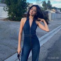 CLOUD4D-VCollar Zipper Sleeveless Top European and American Workwear Dark Slim Fit Slimming Denim Jumpsuit Womens Autum