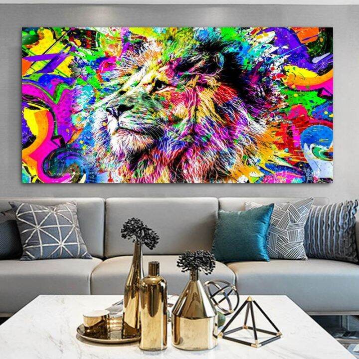 modern-nordic-street-graffiti-lion-and-dog-โปสเตอร์ผ้าใบพิมพ์สีน้ำสัตว์-art-wall-decor-สำหรับห้องนั่งเล่น