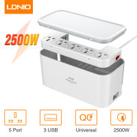 LDNIO สายไฟอเนกประสงค์2เมตร2500วัตต์5พอร์ตซ็อกเก็ตอัจฉริยะพร้อมไฟ3USB ขยายพื้นที่จัดเก็บเต้าเสียบไฟชาร์จ USB ที่ชาร์จโทรศัพท์ยูเอสบี