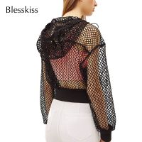 (Xianle Clothing)⤿Xianle Clothing⤾ Blesskiss ตาข่าย Crop Tops โยคะเสื้อกีฬาสำหรับผู้หญิงชุดออกกำลังกายแขนยาวแห้งเร็ว Gym กีฬา