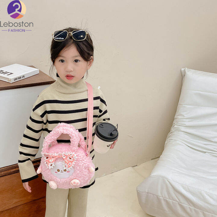 กระเป๋าการ์ตูนตกแต่ง-crossbody-สำหรับเด็กผู้หญิงผ้ากำมะหยี่น่ารักผูกโบว์กระเป๋าสะพายไหล่