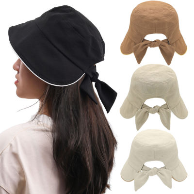 หมวกเกาหลีหมวกครีมกันแดดลำลองผูกโบว์ผ่าหลังสำหรับผู้หญิงหมวกชาวประมงเข้าได้กับทุกชุดฤดูร้อน