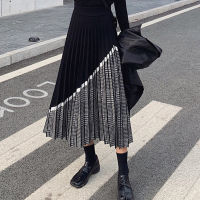 ZAWFL 2023 Winter Womens Fashion Houndstooth Midi Skirt Female High Waist Pleated Knitted Thick Black Warm Skirts