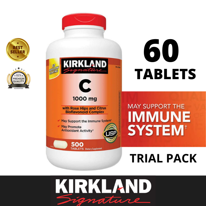 Kirkland Vitamin C 1000 mg 60 Tablets REPACKED TRIAL PACK with Rose