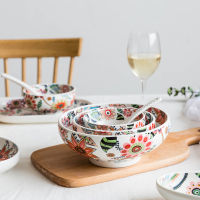 Flowers Ceramic Glaze Dinner Plate Rice Soup Noodle Salad Bowl Serving Dish With Wood Handle Kitchen Tableware