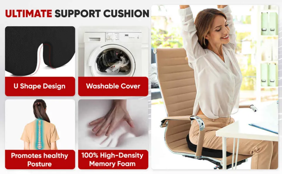 FORTEM , Seat Cushion for Office Chair, Lumbar Support Pillow , Car Seat  Cushion, Back Support Memory Foam Pillow Washable Cover