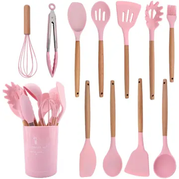 1pc Pink Silicone Kitchen Utensils Set For Non-stick Cookware With Wooden  Handle, 12pcs