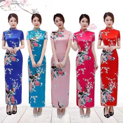 【CW】Floral &amp; Pea Women Traditional Chinese Dress Vintage Mandarin Collar Qipao Oversize Long Slim Cheongsam 6XL