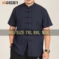 Men Shirt Mandarin Collar Chinese Style Short Sleeve Summer Oversize 6XL 7XL 8XL 10XL Plus Size Formal Black White Casual Retro