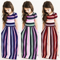 1~10 Years Baby Girl Striped Print Long Dress Toddler Baby Girls Short Sleeve Bohemian Dress Kids Clothes Cotton Summer Beachwea