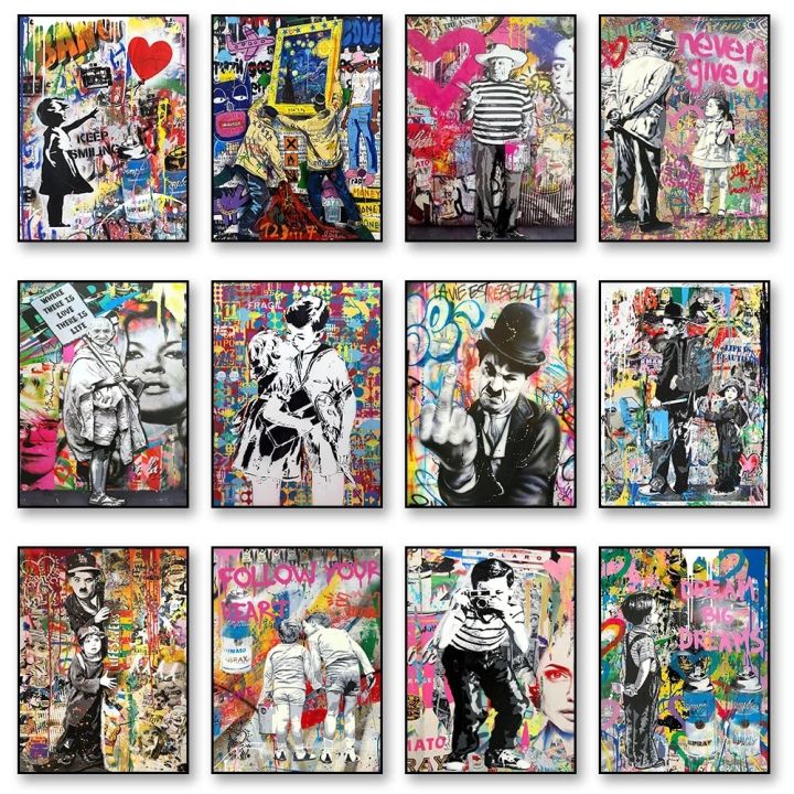 banksy-graffiti-pop-art-ภาพวาดผ้าใบ-nordic-wall-art-รูปภาพสำหรับห้องนั่งเล่นสมัยใหม่บทคัดย่อ-cuadros-decor-aesthetic-new