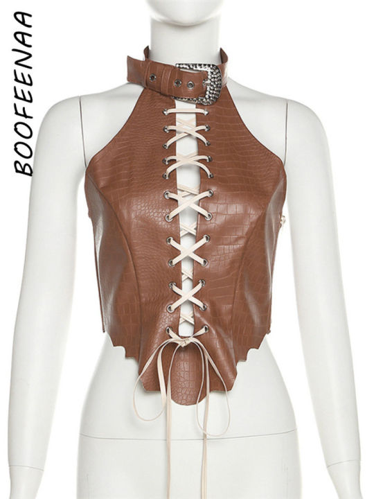 boofeenaa-เสื้อครอปหนังสังเคราะห์ทันสมัยสำหรับผู้หญิง-เสื้อครอปสตรีท-y2k-ตัดผ้าออกแนวสตรีท-c71-dz22เสื้อคล้องคอ