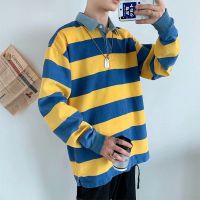 Mens Long Sleeve Polo Collar Striped Top