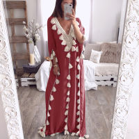 Muslim fashion bohemian womens long dress large size Islamic ethnic style tassel beach dress loose solid color dress