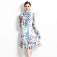 Women New Dress Real Shot  Flower Print  Midi Dress Long Sleeve A- Line Dress