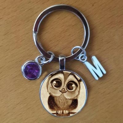 Owl key ring key chain with birthday stone initial birthday stone DIY keychain