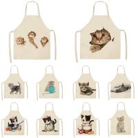 Kitchen Aprons Cartoon Cats Printed Cotton Linen Sleeveless Aprons For Woman/kids Home Cooking Baking Cleaning Tools 65*53cm Aprons