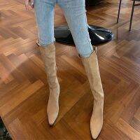 [COD] 2020 autumn and winter new khaki black fashion pointed mid-heel high-tube knight boots retro women