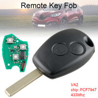 ปุ่ม Kunci Remote Mobil 433Mhz 2ปุ่มพร้อมชิป PCF7947และใบมีด VA2เหมาะสำหรับ Renault / Clio/Scenic/Megane/kangoo