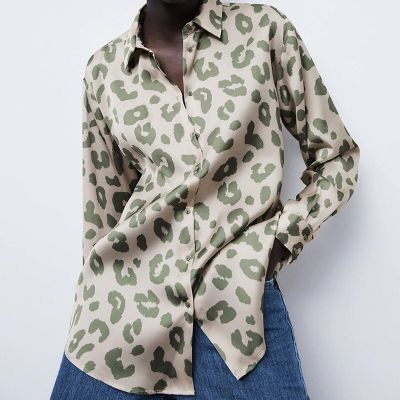 ‘；’ Leopard Print Blouse Spring Women Office Ladies Tops Femme Long Sleeve Turn Down Collar Office Ladies Satin Shirts