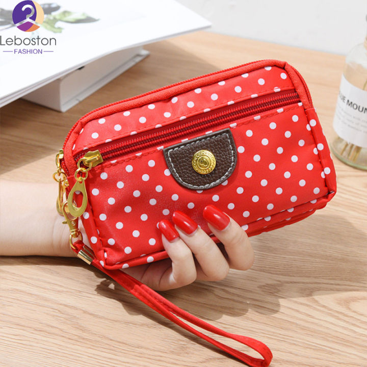 leboston-กระเป๋า-กระเป๋าถือผู้หญิงผ้าใบ3ชั้นกระเป๋าซิป-dot-พิมพ์กระเป๋าสตางค์กระเป๋าโทรศัพท์มือถือ