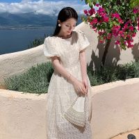 French hook flower design restoring ancient ways round collar bubble temperament elegant long dress in tender is the first love dress with short sleeves