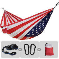 พิมพ์ USA Flag สไตล์260X140ซม. เดี่ยวคู่ Camping Hammock พร้อมสายคล้องต้นไม้แบบพกพาเปลญวนสำหรับวันประกาศอิสรภาพ Gift