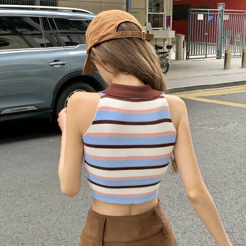 เสื้อกั๊กคอวีเสื้อโปโลลายถักสำหรับผู้หญิง-เสื้อกันหนาวแบบสวมหัววินเทจของเด็กผู้หญิงเผ็ด2023แฟชั่น-miss-pni-ฤดูร้อน