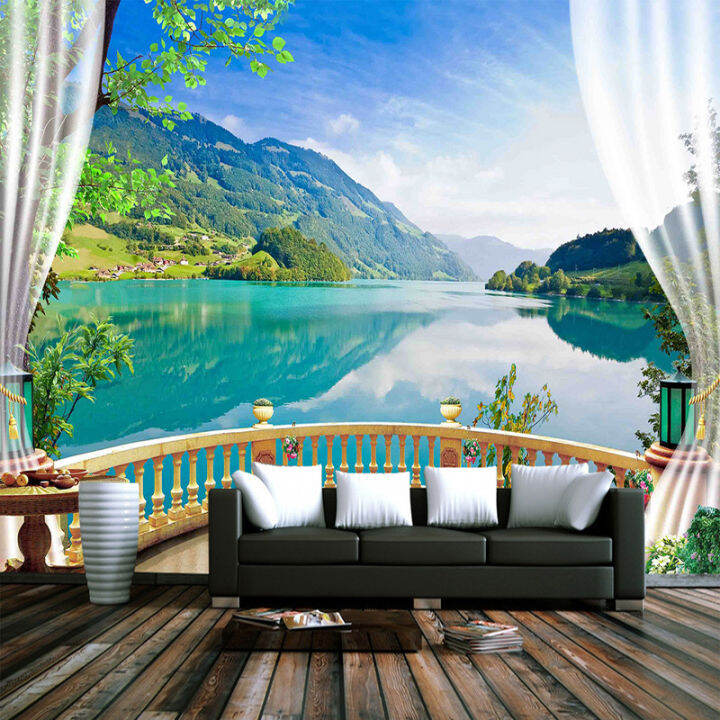 hot-custom-3d-photo-wallpaper-balcony-window-blue-sky-white-clouds-lake-forest-scenery-living-room-sofa-tv-backdrop-mural-wall-paper