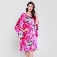 【 WYIN kitchen】 Hot Pink Women Sleepwear Summer Sliky Satin Nightgown Floral amp;Peacock Sexy Nightwear Nightdress O-Neck Robe Home Dress