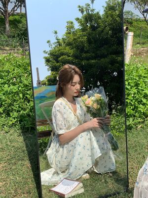 Harajuku Cute Sweet Girls Short Sleeve V-Neck A Line Vintage Korea Japanese Style Floral Long Maxi Dress For Women Summer 2022
