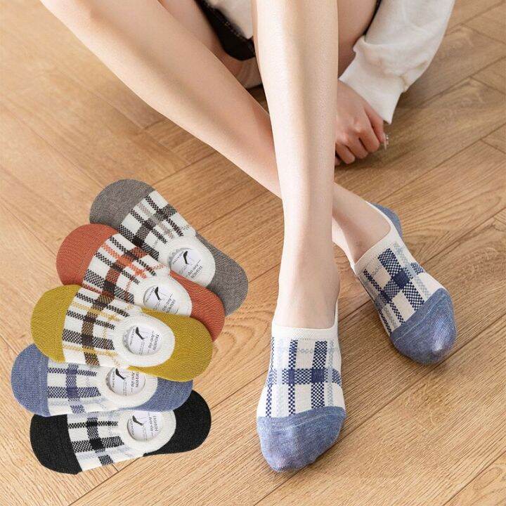 5-pairs-women-plaid-boat-socks-spring-summer-non-slip-casual-cotton-ankle-socks-comfortable-female-shallow-mouth-invisible-socks