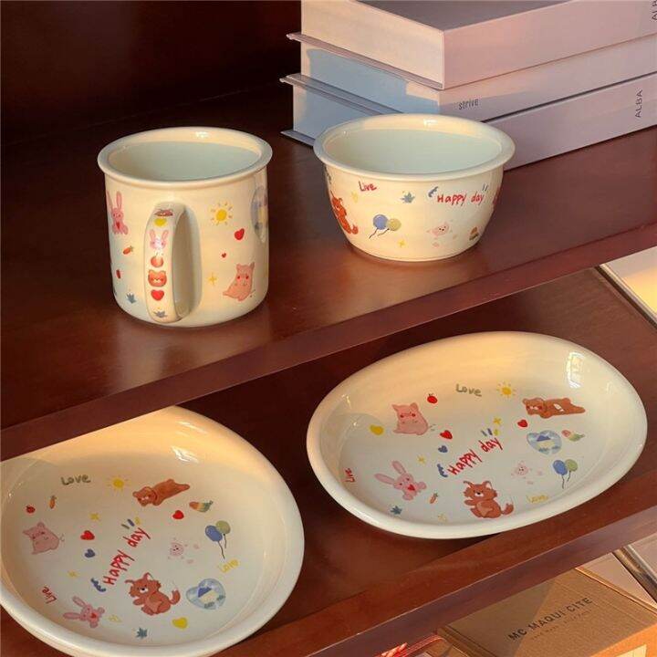 korean-ins-style-cute-cream-bunny-ceramic-bowl-home-tableware-dessert-plate-breakfast-bowl-mug-set