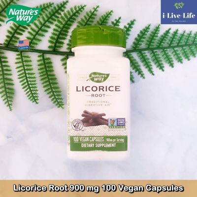 อาหารเสริมสมุนไพร จากรากชะเอมเทศ Licorice Root 900 mg 100 Vegan Capsules - Natures Way