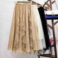 Y2K Wave Layered Ruffle Skirt Woman Clothes Korean Fashion All-match Mesh Beading Irregular A-Line Elastic High Waist Midi Skirt